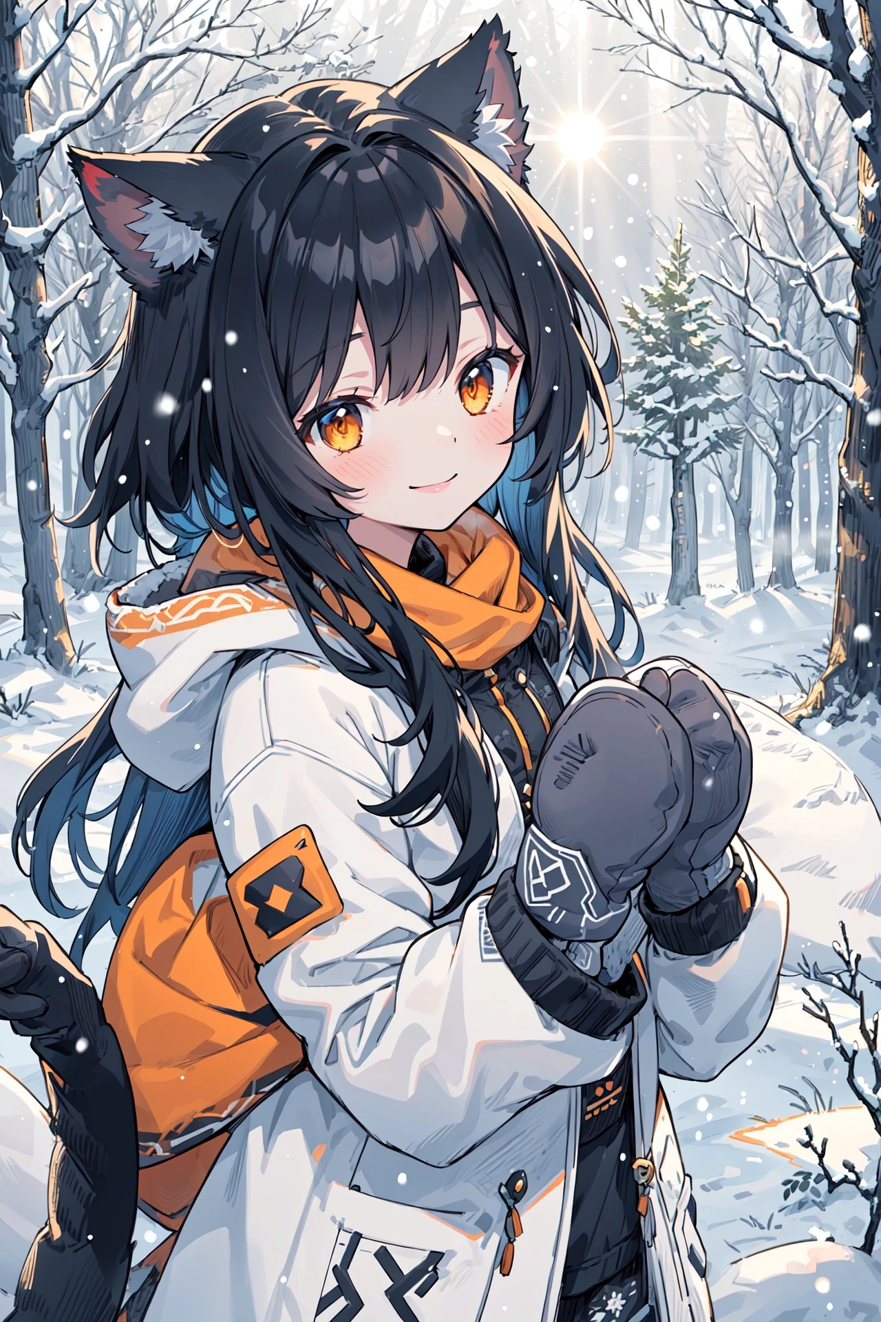 (best quality:1.05), 1girl, winter clothes, detailed clothes, high quality winter clothes, intricate detail, mittens, smiling, cold, forest village, snow, snowing, sun rays, shining, dawn, setting sun, cat ears, orange eyes, white winter jacket, dynamic lighting, intricate detail,