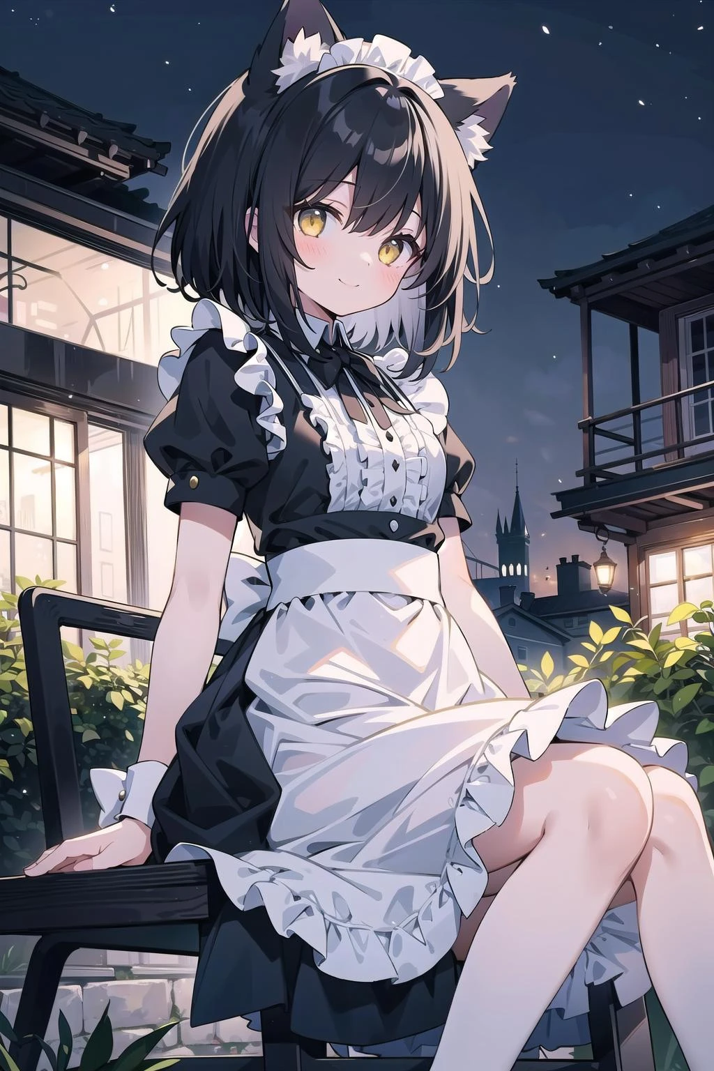(masterpiece), scenery, outdoors, night, sitting, 1girl, black hair, medium hair yellow eyes, maid, frills, cat ears, smile