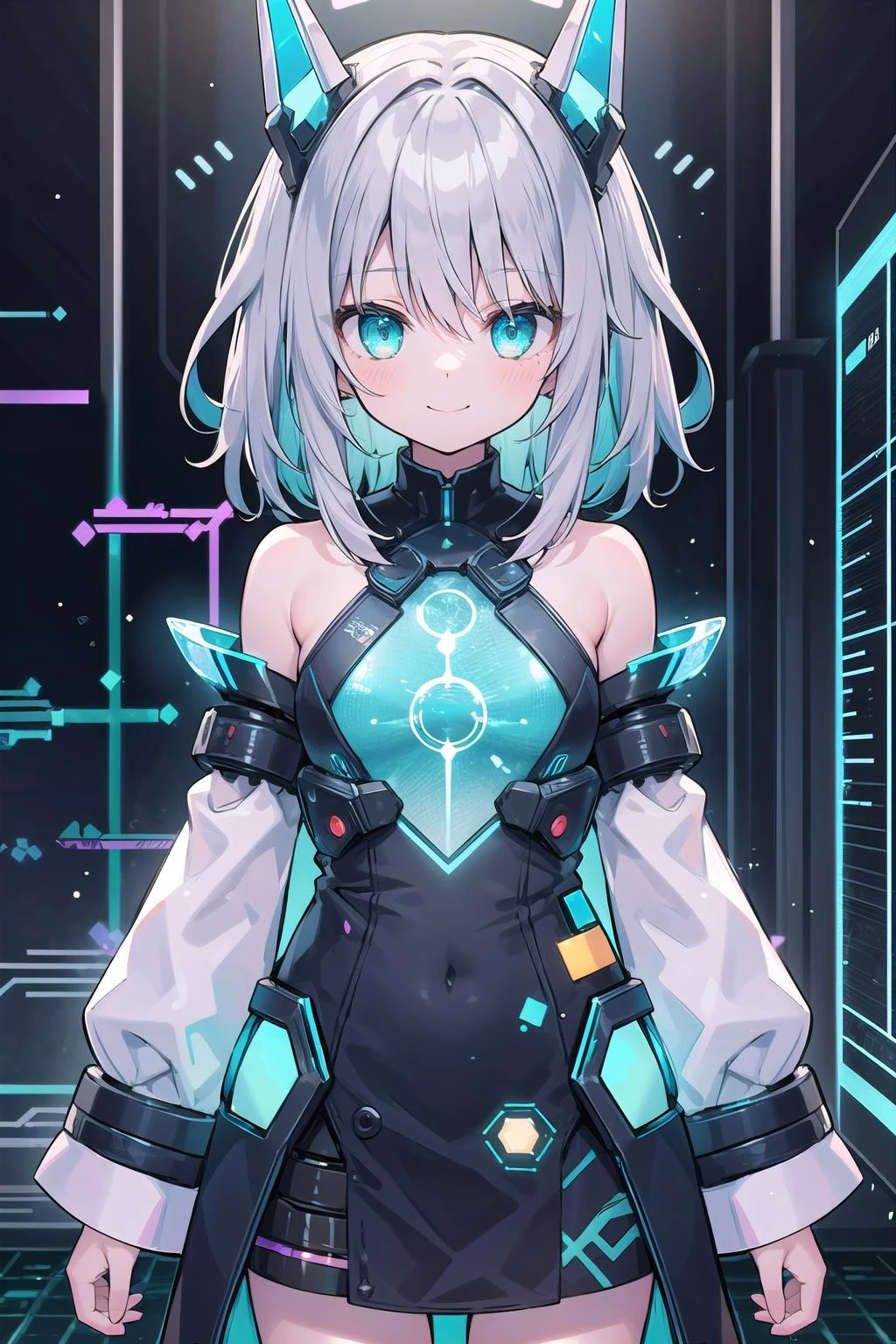 (masterpiece), (science fiction, holographic interface:1.2), 1girl, smile, silver hair, medium hair, aqua eyes, headgear, long sleeves, detached sleeves