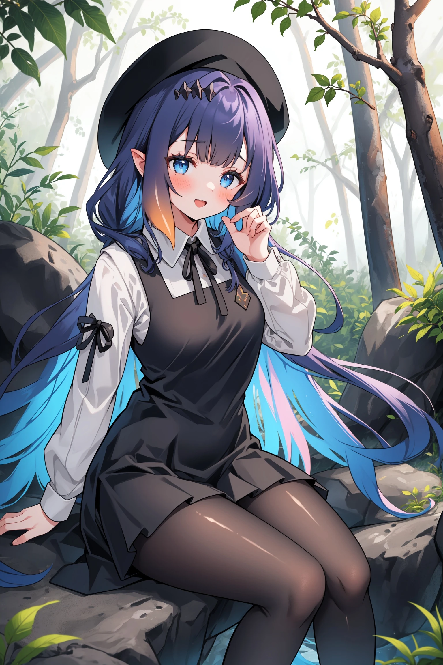 best quality,1girl, inapainter, pinafore dress, beret, pantyhose sitting on rock,:D, tilted head, forest, colorful, <lora:ninomae ina'nis 5 outfits:1>