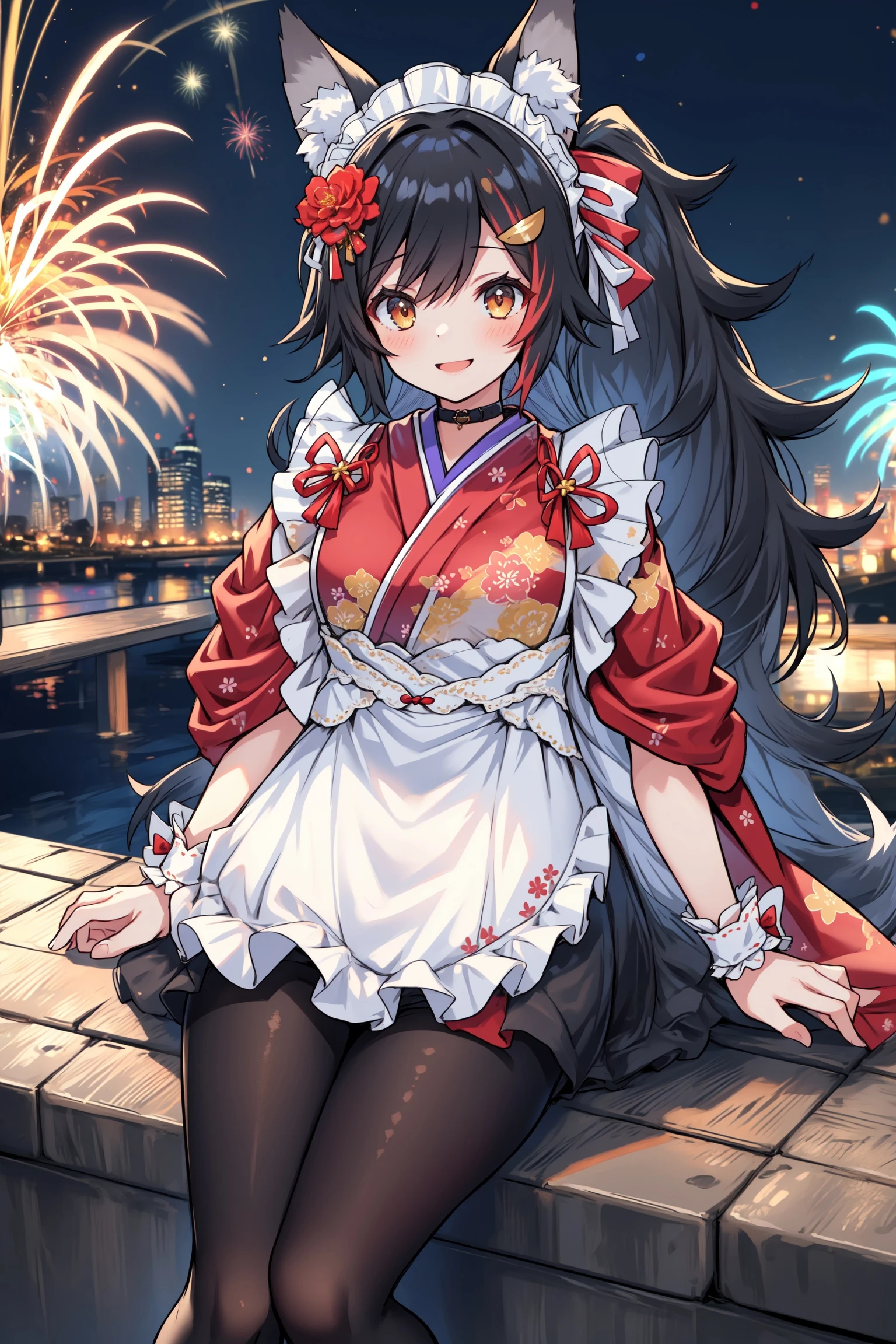 best quality,1girl, mionewyears, ponytail, hair ornament, red kimono, flower print, white apron, frills, wrist cuffs, maid headdress, black pantyhose, wolf tail, sitting on backyard, fireworks, smiling, tilted head, night, <lora:ookami mio 6 outfits:1>