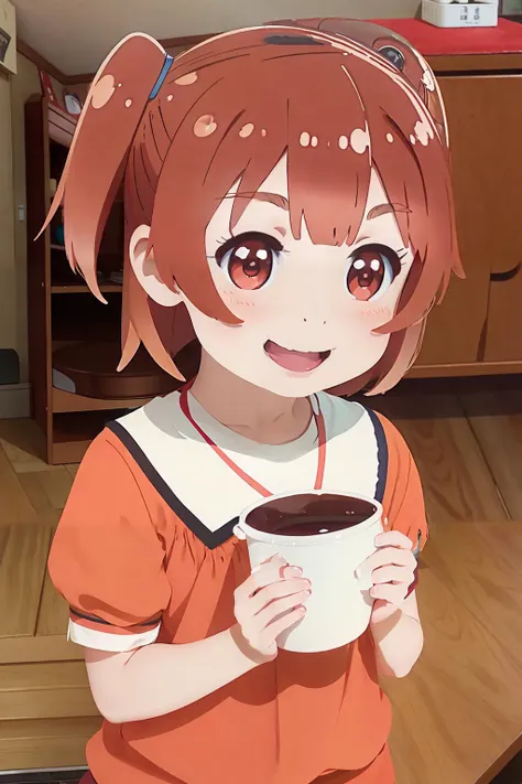 hoshino hinata, brown hair, red eyes, one side up, side ponytail, short hair indoors, masterpiece, best quality,1 young girl child, solo, happy, silly, <lora:tenshi2-000006:0.7>