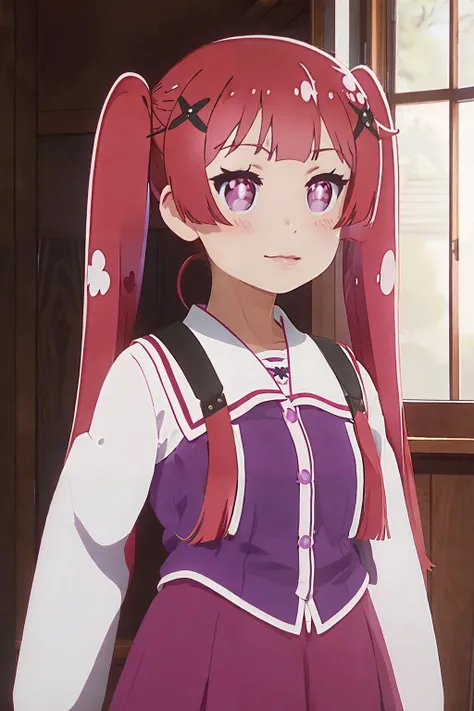 tanemura koyori, twintails, long hair, red hair, x hair ornament, purple eyes, indoors, masterpiece, best quality,1 young girl child, solo, <lora:tenshi2-000006:0.7>