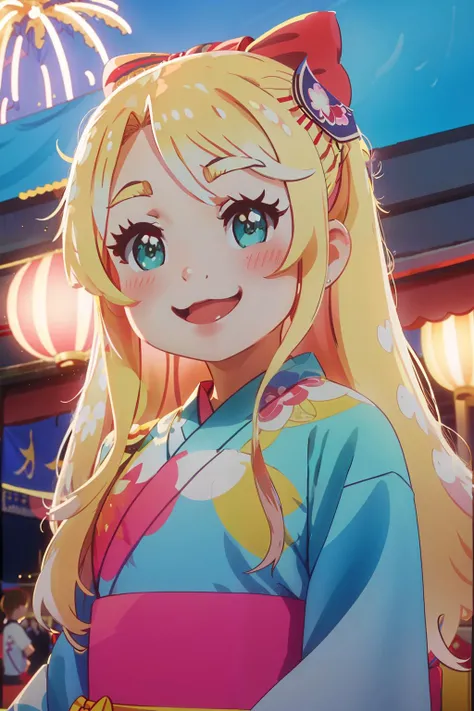 highly detailed drawing, himesaka noa, blonde hair, long hair, bow, :3, open mouth, hair bow, green eyes, red bow, smile, sash, blush, yukata, upper body, thick eyebrows, ahoge, obi, :d, blue kimono,summer festival,fireworks,, masterpiece, best quality,1 young girl child,solo, <lora:tenshi2-000006:0.7>