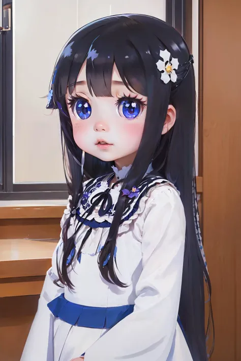 shirosaki hana, long hair, hair flower, black hair,blue eyes, child,frilled, indoors,, masterpiece, best quality,1girl,solo, masterpiece, best quality,1 young girl child,solo
