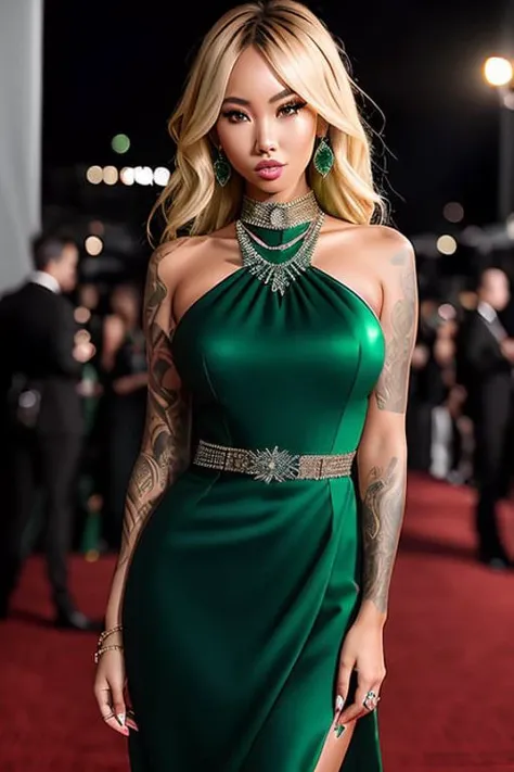 photo of (KiaraM00n-300:1), a woman as a star, modelshoot style, (extremely detailed CG unity 8k wallpaper), Intricate, High Detail, Sharp focus, dramatic,photorealistic painting art by midjourney and greg rutkowski , (waist chain), ((movieiere gala)), ((standing on the red carpet)), ((paparazzi in the background)), (looking at viewer), (detailed pupils:1.2), (elegant green dress:1.3) dimly lit <lora:epiNoiseoffset_v2:0.6>