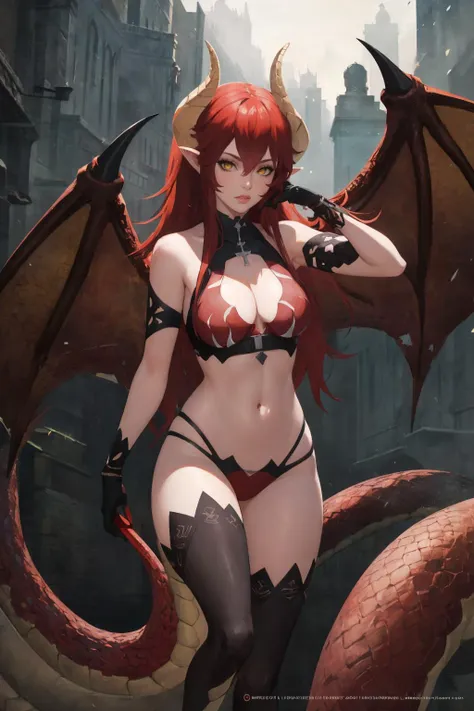 a mature woman,work of art,high resolution,Eyes red,horns and tail of Dragon,sensuous,big boobies,posing with a combat spear,in the ice ruins,good anatomy,snowing,アニメ,leg clothes