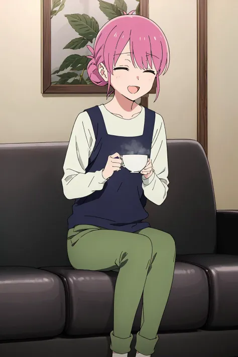 (extremely detailed CG unity 8k wallpaper),(masterpiece),(best quality),(ultra-detailed),(best illustration),(best shadow),(absurdres), <lora:Gotoh-19:0.7>,Michiyo, 1girl, solo, pink hair, closed eyes, cup, sitting, couch, smile, shirt, open mouth, pants, holding, dress, white shirt, long sleeves, green pants, hair bun, holding cup, short hair, indoors, teacup