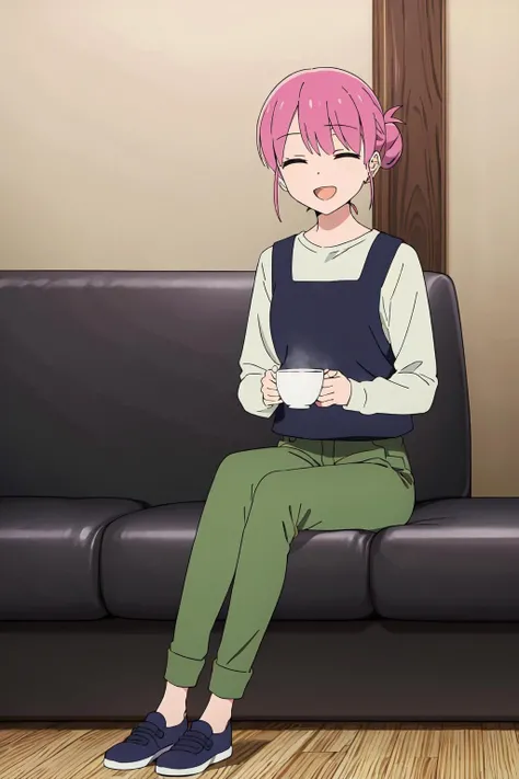 (extremely detailed CG unity 8k wallpaper),(masterpiece),(best quality),(ultra-detailed),(best illustration),(best shadow),(absurdres), <lora:Gotoh-19:0.7>,Michiyo, 1girl, solo, pink hair, closed eyes, cup, sitting, couch, smile, shirt, open mouth, pants, holding, dress, white shirt, long sleeves, green pants, hair bun, holding cup, short hair, indoors, teacup