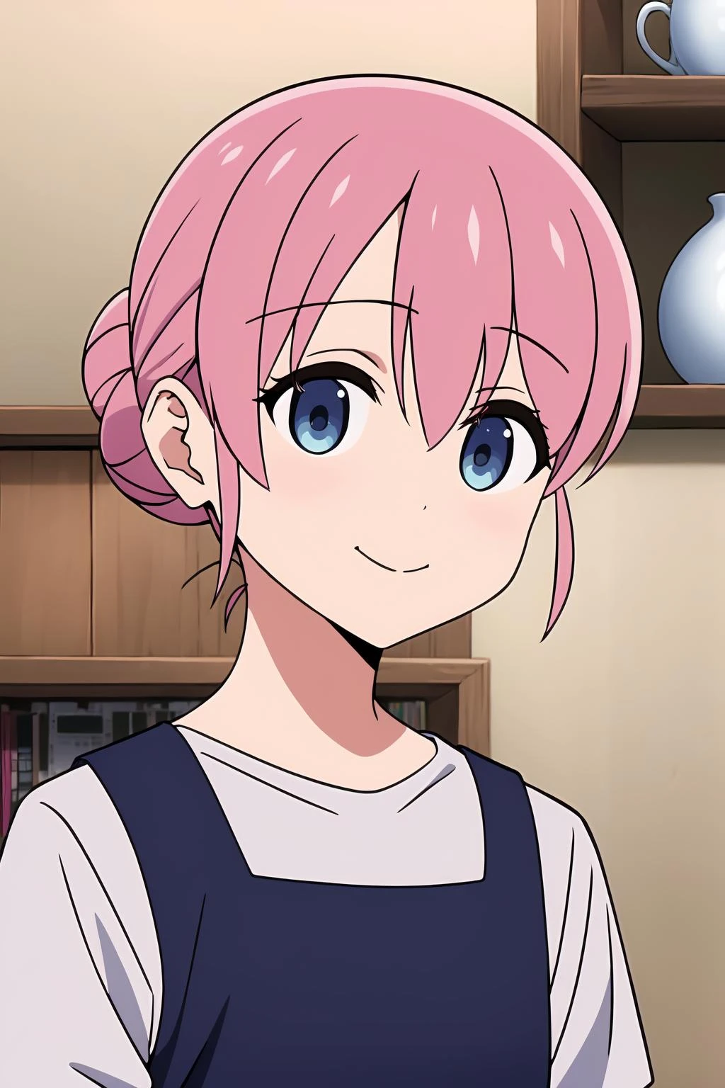 (extremely detailed CG unity 8k wallpaper),(masterpiece),(best quality),(ultra-detailed),(best illustration),(best shadow),(absurdres), <lora:Gotoh-19:0.7>,Michiyo, 1girl, pink hair, blue eyes, solo, smile, shirt, hair bun, indoors, white shirt, upper body, looking at viewer, single hair bun, bangs, hair between eyes, dress, short hair, closed mouth, shelf