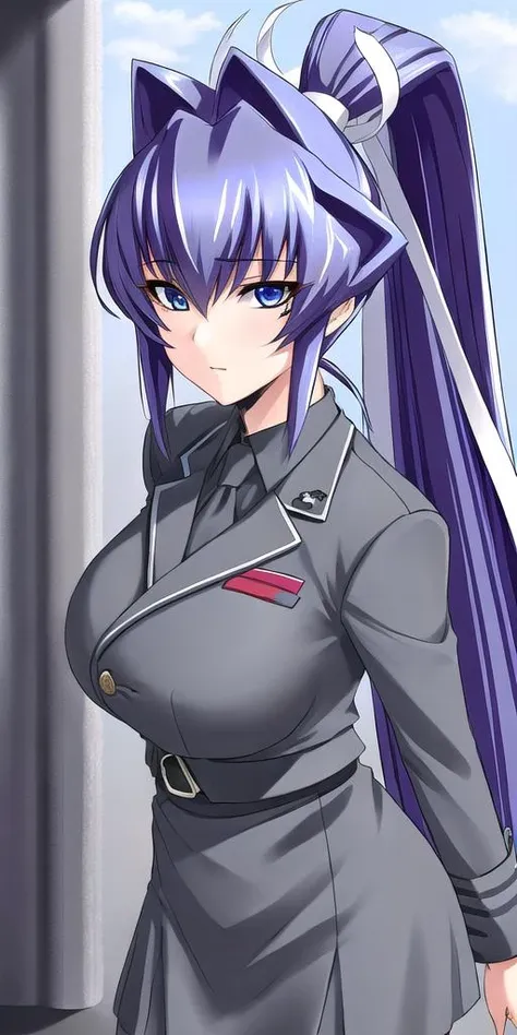 <lora:MitsurugiMeiyaV3:0.7> mitsurugimeiya, huge_breast, standing, solo, Gray_military_uniform_Gray_skirt_Gray_pantyhose_Black_boots,, masterpiece, best quality, detailed face, detailed eyes, highres,