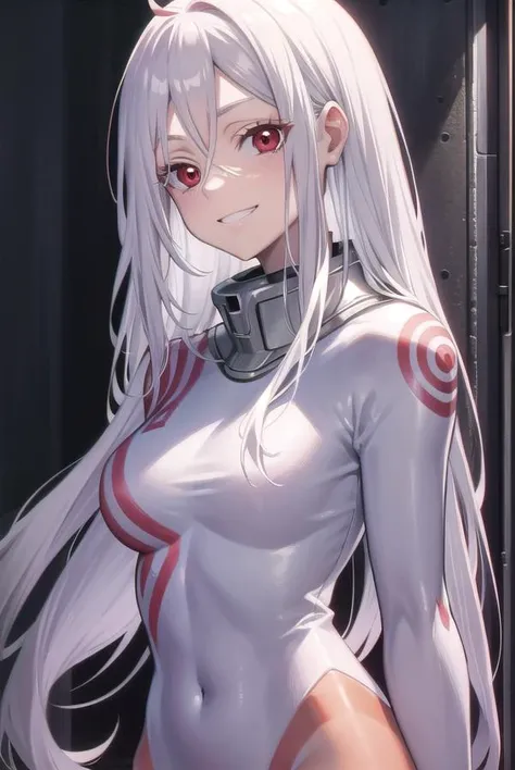 deadmanshiro, <lyco:deadmanshiro-lyco-nochekaiser:1>,
deadman shiro, albino, hair between eyes, long hair, (red eyes:1.5), white hair, smile, grin,
BREAK bodysuit, collar, skin tight,
BREAK looking at viewer,
BREAK indoors, prison, prison cell,
BREAK <lyco:GoodHands-beta2:1>, (masterpiece:1.2), best quality, high resolution, unity 8k wallpaper, (illustration:0.8), (beautiful detailed eyes:1.6), extremely detailed face, perfect lighting, extremely detailed CG, (perfect hands, perfect anatomy),