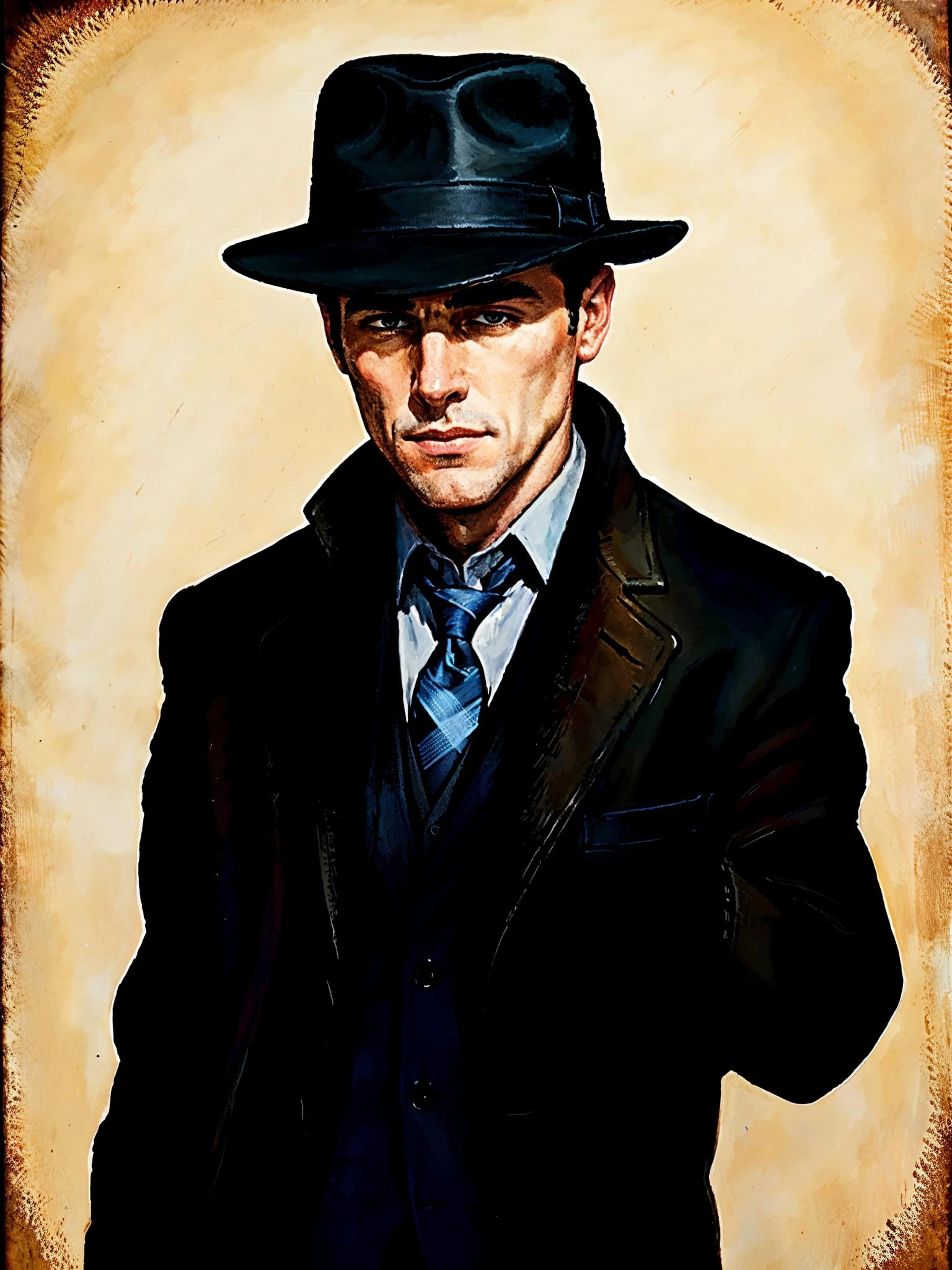 Connor Brothers illustration of a handsome male detective wearing a fedora, painted background <lora:ConnorBrothers:0.8>