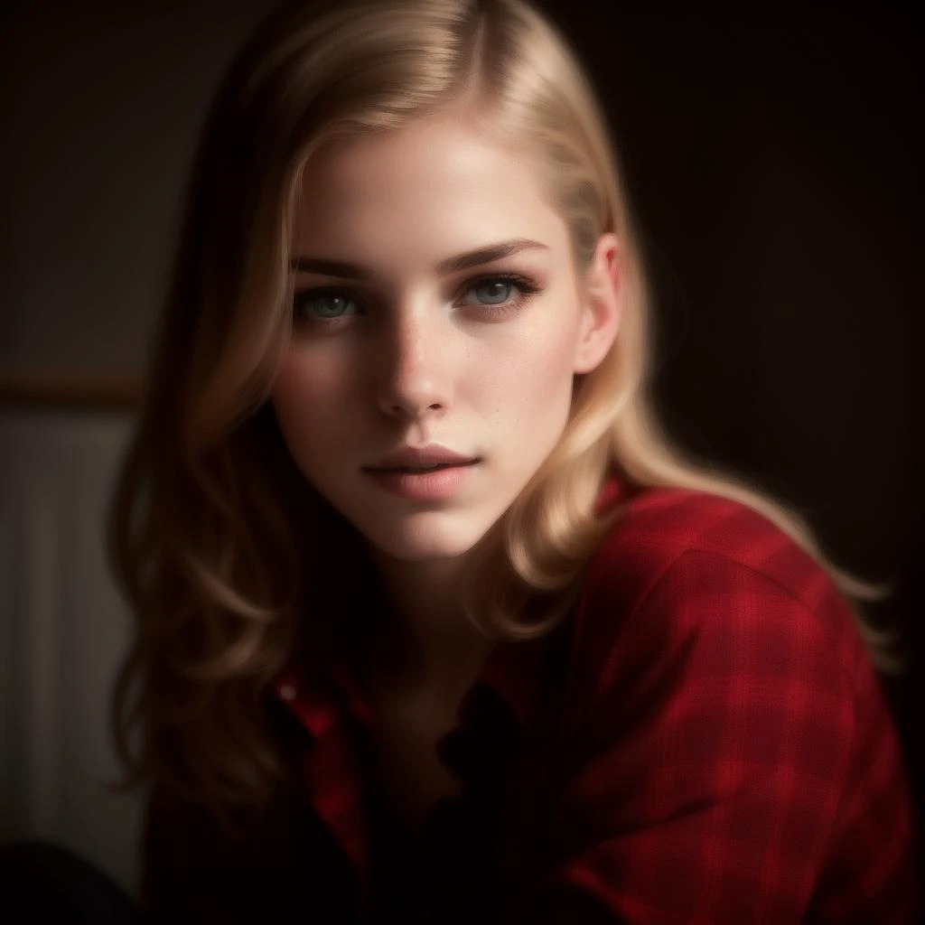 ivetabb, (Masterpiece Photo:) of (Happy) wearing checkered red and black shirt and blue jeans staring at the viewer,(big brown eyes) ,(checkered red and black shirt), (blue jeans),Highly Detailed,(close portrait:1.3),(Feminine:1.4),(beautiful:1.4),(attractive:1.3),calendar pose,perfectly detailed eyes,studio lighting,thematic background, (high detailed skin:1.2), 8k uhd, dslr, soft lighting, high quality, film grain, Fujifilm XT3