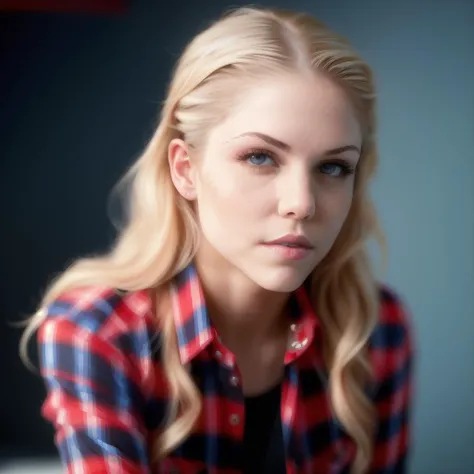 ivetab (Masterpiece Photo:) of (Happy) woman wearing checkered red and black shirt and blue jeans staring at the viewer, (checkered red and black shirt), (blue jeans),Highly Detailed,(close portrait:1.3),(Feminine:1.4),(beautiful:1.4),(attractive:1.3),calendar pose,perfectly detailed eyes,studio lighting,thematic background