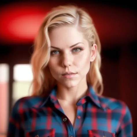 ivetab (Masterpiece Photo:) of (Happy) woman wearing checkered red and black shirt and blue jeans staring at the viewer, (checkered red and black shirt), (blue jeans),Highly Detailed,(close portrait:1.3),(Feminine:1.4),(beautiful:1.4),(attractive:1.3),calendar pose,perfectly detailed eyes,studio lighting,thematic background