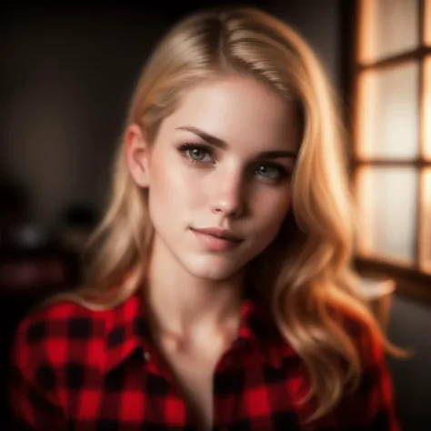 ivetabb, (Masterpiece Photo:) of (Happy) wearing checkered red and black shirt and blue jeans staring at the viewer,(big brown eyes) ,(checkered red and black shirt), (blue jeans),Highly Detailed,(close portrait:1.3),(Feminine:1.4),(beautiful:1.4),(attractive:1.3),calendar pose,perfectly detailed eyes,studio lighting,thematic background, (high detailed skin:1.2), 8k uhd, dslr, soft lighting, high quality, film grain, Fujifilm XT3