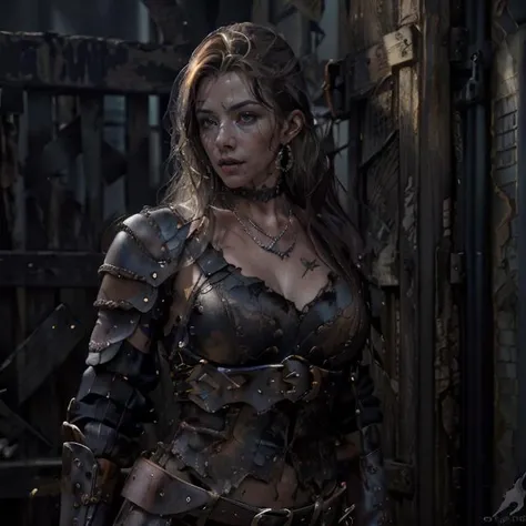 (masterpiece:1.2), (best quality,:1.2), 8k, HDR, ultra detailed, ((photorealistic)), professional light, cinematic lighting, fashion photography, ambient lighting, face lighting, Lara, <lora:Lara-10:1>, ((cowboy shot)), earrings, choker, necklace, dark makeup, long and messy hair, dynamic pose, as female warrior wearing intricate leather_armor, <lora:Armor-10:0.75>