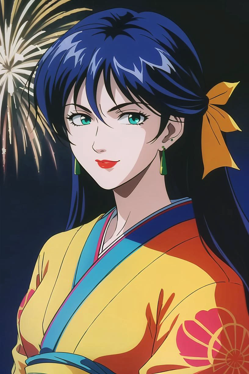 best quality,masterpiece,looking at viewer,absurdres,1girl,
depth of field,<lora:022-ä¸åå°å½å®¶-åæ©V1:0.7>,retro artstyle,1990s \(style\),shan,blue hair,green eyes,lipstick,long hair,earrings,makeup,Kimono, fireworks, hairpins,aerial fireworks,festival,japanese clothes,summer festival,,
