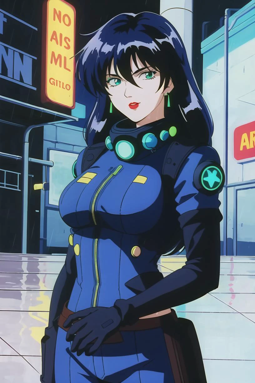best quality,masterpiece,looking at viewer,absurdres,1girl,
depth of field,<lora:022-ä¸åå°å½å®¶-åæ©V1:0.7>,retro artstyle,1990s \(style\),shan,blue hair,green eyes,lipstick,long hair,earrings,makeup,cyberpunk city,arms_behind_back,rainy night in a cyberpunk city with glowing neon lights,power armor,gloves,wet,,