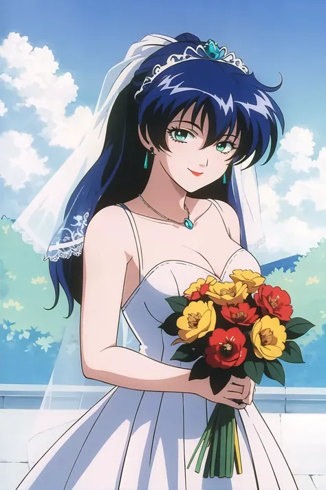 best quality,masterpiece,looking at viewer,absurdres,1girl,
depth of field,<lora:022-ä¸­åå°å½å®¶-åæ©V1:0.7>,retro artstyle,1990s \(style\),shan,blue hair,green eyes,lipstick,long hair,earrings,makeup,(wedding dress:1.2),white dress,veil,garden,outdoors,standing,holding bouquet,blue sky,cloud,smile,half updo,french braid,ponytail,