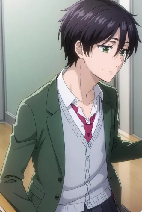 kaitamaru, <lora:kai tamaru s1-lora-nochekaiser:1>,
kai tamaru, short hair, black hair, male focus, mole, (green eyes:1.3), mole under mouth, hair between eyes,
BREAK shirt, long sleeves, school uniform, jacket, white shirt, open clothes, necktie, pants, open jacket, blazer, cardigan, red necktie, sweater vest, brown pants,
BREAK indoors, classroom,
BREAK looking at viewer, (cowboy shot:1.5),
BREAK <lyco:GoodHands-beta2:1>, (masterpiece:1.2), best quality, high resolution, unity 8k wallpaper, (illustration:0.8), (beautiful detailed eyes:1.6), extremely detailed face, perfect lighting, extremely detailed CG, (perfect hands, perfect anatomy),