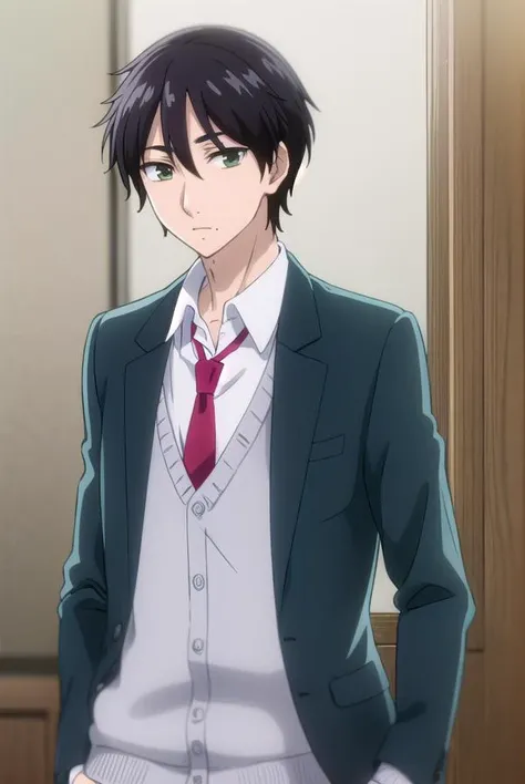 kaitamaru, <lora:kai tamaru s1-lora-nochekaiser:1>,
kai tamaru, short hair, black hair, male focus, mole, (green eyes:1.3), mole under mouth, hair between eyes,
BREAK shirt, long sleeves, school uniform, jacket, white shirt, open clothes, necktie, pants, open jacket, blazer, cardigan, red necktie, sweater vest, brown pants,
BREAK indoors, classroom,
BREAK looking at viewer, (cowboy shot:1.5),
BREAK <lyco:GoodHands-beta2:1>, (masterpiece:1.2), best quality, high resolution, unity 8k wallpaper, (illustration:0.8), (beautiful detailed eyes:1.6), extremely detailed face, perfect lighting, extremely detailed CG, (perfect hands, perfect anatomy),