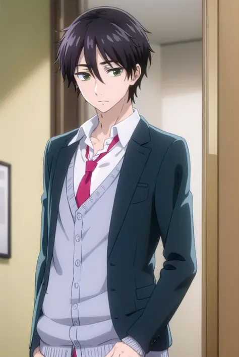 kaitamaru, <lora:kai tamaru s1-lora-nochekaiser:1>,
kai tamaru, short hair, black hair, male focus, mole, (green eyes:1.3), mole under mouth, hair between eyes,
BREAK shirt, long sleeves, school uniform, jacket, white shirt, open clothes, necktie, pants, open jacket, blazer, cardigan, red necktie, sweater vest, brown pants,
BREAK indoors, classroom,
BREAK looking at viewer, (cowboy shot:1.5),
BREAK <lyco:GoodHands-beta2:1>, (masterpiece:1.2), best quality, high resolution, unity 8k wallpaper, (illustration:0.8), (beautiful detailed eyes:1.6), extremely detailed face, perfect lighting, extremely detailed CG, (perfect hands, perfect anatomy),