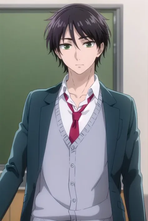 kaitamaru, <lora:kai tamaru s1-lora-nochekaiser:1>,
kai tamaru, short hair, black hair, male focus, mole, (green eyes:1.3), mole under mouth, hair between eyes,
BREAK shirt, long sleeves, school uniform, jacket, white shirt, open clothes, necktie, pants, open jacket, blazer, cardigan, red necktie, sweater vest, brown pants,
BREAK indoors, classroom,
BREAK looking at viewer, (cowboy shot:1.5),
BREAK <lyco:GoodHands-beta2:1>, (masterpiece:1.2), best quality, high resolution, unity 8k wallpaper, (illustration:0.8), (beautiful detailed eyes:1.6), extremely detailed face, perfect lighting, extremely detailed CG, (perfect hands, perfect anatomy),