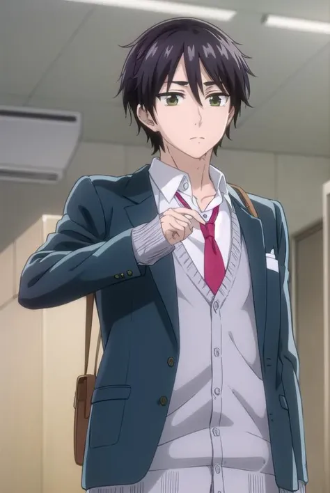 kaitamaru, <lora:kai tamaru s1-lora-nochekaiser:1>,
kai tamaru, short hair, black hair, male focus, mole, (green eyes:1.3), mole under mouth, hair between eyes,
BREAK shirt, long sleeves, school uniform, jacket, white shirt, open clothes, necktie, pants, open jacket, blazer, cardigan, red necktie, sweater vest, brown pants,
BREAK indoors, classroom,
BREAK looking at viewer, (cowboy shot:1.5),
BREAK <lyco:GoodHands-beta2:1>, (masterpiece:1.2), best quality, high resolution, unity 8k wallpaper, (illustration:0.8), (beautiful detailed eyes:1.6), extremely detailed face, perfect lighting, extremely detailed CG, (perfect hands, perfect anatomy),