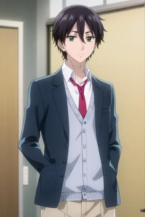kaitamaru, <lora:kai tamaru s1-lora-nochekaiser:1>,
kai tamaru, short hair, black hair, male focus, mole, (green eyes:1.3), mole under mouth, hair between eyes,
BREAK shirt, long sleeves, school uniform, jacket, white shirt, open clothes, necktie, pants, open jacket, blazer, cardigan, red necktie, sweater vest, brown pants,
BREAK indoors, classroom,
BREAK looking at viewer, (cowboy shot:1.5),
BREAK <lyco:GoodHands-beta2:1>, (masterpiece:1.2), best quality, high resolution, unity 8k wallpaper, (illustration:0.8), (beautiful detailed eyes:1.6), extremely detailed face, perfect lighting, extremely detailed CG, (perfect hands, perfect anatomy),