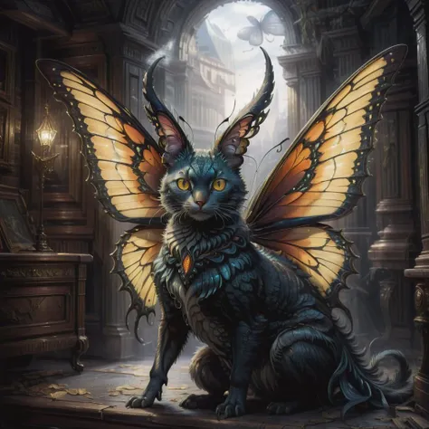 ((best quality)), ((masterpiece)), ((realistic,digital art)), (hyper detailed), victorian empire, Large Nocturnal Undulating Alien Fractal, Tripedal Multipedal, Feathered Appendages, Forked-Tailed, Wooly Fur, Horned Ears, Butterfly Wings, ,8K, HDR, <lora:add-detail-xl:1.5> <lora:Empire_SDXL_OnSite:1>