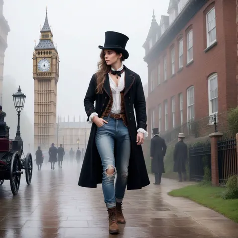 Victorian era, intricate details, A (young woman:1.5) wears ripped jeans and a baggy T-shirt, walks a street towards the viewer, the streets of London, misty and foggy, cinematic, old style shops and people, cobbled streets, Big Ben in the background victorian carriages and horses fill the street
ADDCOL
a man is wearing Victorian clothes of the time,