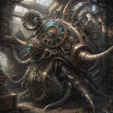 ((best quality)), ((masterpiece)), ((realistic,digital art)), (hyper detailed), victorian empire, Colossal Agile Unearthly Industrial Irregular, Octopod Trimanual, Plantigrade Appendages, Trifurcated-Tailed, Forked-Tailed, Iridescent Skin, Webbed Ears, Mechanical Wings made of gears and cogs and clockwork, ,8K, HDR, <lora:add-detail-xl:1.5> <lora:Empire_SDXL_OnSite:1>
