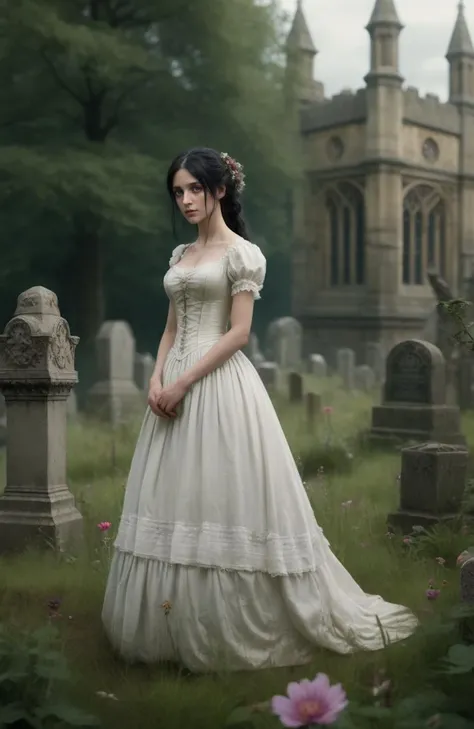 (wild flowers:1.4), masterpiece, Victorian, Empire, (country graveyard:1.5) forest, (foliage:1.4), (shallow depth of field:1.3), (City of london in distance:1.5), highly detailed, realistic, 1girl, solo, (full body:1.3), Victorian Wedding dress, detailed, smug, black hair, (side ponytail:1.1), <lora:Empire_SDXL_OnSite:0.6>, by lee jeffries nikon d850 film stock photograph 4 kodak portra 400 camera f1.6 lens rich colors hyper realistic lifelike texture dramatic lighting unrealengine trending on artstation cinestill 800