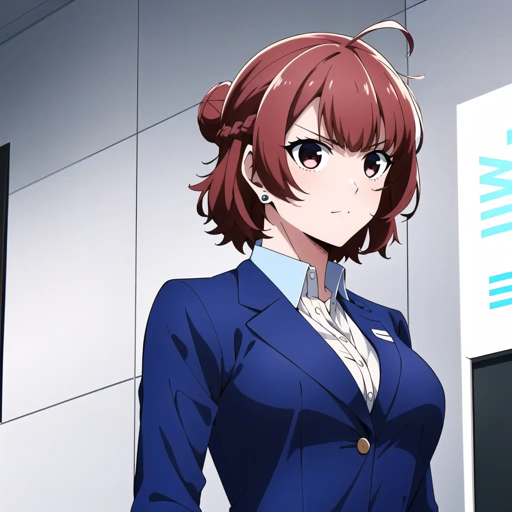 (masterpiece), (best quality), <lora:anri_teieri_bluelock:1>, anriteieri, 1girl, solo, breasts, short_hair, bangs, brown_hair, shirt, red_eyes, brown_eyes, jewelry, closed_mouth, jacket, upper_body, braid, red_hair, earrings, collared_shirt, indoors, hair_bun, v-shaped_eyebrows, window, formal, blazer, suit, blue_shirt, french_braid, brown_jacket