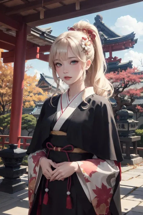 super delicate), (illustration), (extremely delicate and beautiful),faux traditional media,perfect body,cowboy shot,(perspective),Kyoto Style,(sketch),(close-up),(a beautiful detailed girl in Washitsu:1.47),Washitsu,(solo:1.4),(HDbackground,Japanese courtyard:1.25),(Creek:0.55),wooden bridge,(cinematic lighting,beautiful detailed glow:1.0),(beautiful detailed pink eyes),ponytail,shiny platinum blonde hair,messy floating hair,((black capelet)),red kimono,hair flower,hair ornament,hair over shoulder,japanese clothes,lace-trimmed kimono,pom pom hair ornament,tassel,wavy hair,glint,blue sky,(autumn:1.1),outdoors,(glowing particles:0.85),Maples in the distance,an epic scene,(Stone lantern,Bonsai:1.0),(White sand:0.85),(Rockery:0.8),(Japanese architecture:1.1),(contour deepening:1.1),(fluttered fallen leaves),(dappled sunlight on her:1.25),(Tyndall effect:1.1),(Cloud Retained background:1.1),(depth of field),highlight