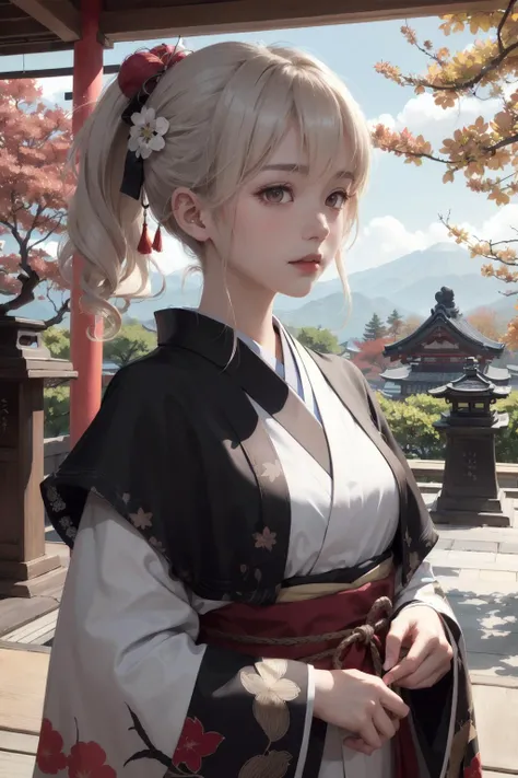 super delicate), (illustration), (extremely delicate and beautiful),faux traditional media,perfect body,cowboy shot,(perspective),Kyoto Style,(sketch),(close-up),(a beautiful detailed girl in Washitsu:1.47),Washitsu,(solo:1.4),(HDbackground,Japanese courtyard:1.25),(Creek:0.55),wooden bridge,(cinematic lighting,beautiful detailed glow:1.0),(beautiful detailed pink eyes),ponytail,shiny platinum blonde hair,messy floating hair,((black capelet)),red kimono,hair flower,hair ornament,hair over shoulder,japanese clothes,lace-trimmed kimono,pom pom hair ornament,tassel,wavy hair,glint,blue sky,(autumn:1.1),outdoors,(glowing particles:0.85),Maples in the distance,an epic scene,(Stone lantern,Bonsai:1.0),(White sand:0.85),(Rockery:0.8),(Japanese architecture:1.1),(contour deepening:1.1),(fluttered fallen leaves),(dappled sunlight on her:1.25),(Tyndall effect:1.1),(Cloud Retained background:1.1),(depth of field),highlight