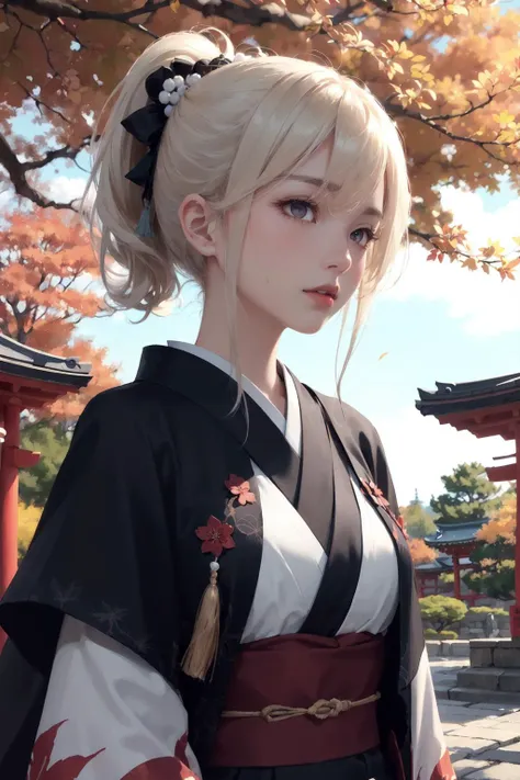 super delicate), (illustration), (extremely delicate and beautiful),faux traditional media,perfect body,cowboy shot,(perspective),Kyoto Style,(sketch),(close-up),(a beautiful detailed girl in Washitsu:1.47),Washitsu,(solo:1.4),(HDbackground,Japanese courtyard:1.25),(Creek:0.55),wooden bridge,(cinematic lighting,beautiful detailed glow:1.0),(beautiful detailed pink eyes),ponytail,shiny platinum blonde hair,messy floating hair,((black capelet)),red kimono,hair flower,hair ornament,hair over shoulder,japanese clothes,lace-trimmed kimono,pom pom hair ornament,tassel,wavy hair,glint,blue sky,(autumn:1.1),outdoors,(glowing particles:0.85),Maples in the distance,an epic scene,(Stone lantern,Bonsai:1.0),(White sand:0.85),(Rockery:0.8),(Japanese architecture:1.1),(contour deepening:1.1),(fluttered fallen leaves),(dappled sunlight on her:1.25),(Tyndall effect:1.1),(Cloud Retained background:1.1),(depth of field),highlight