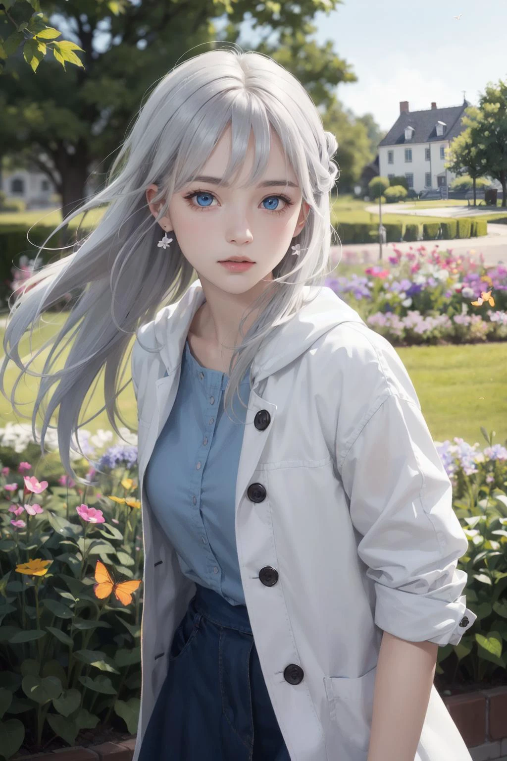 original, (masterpiece), (extremely fine and beautiful), perfect detailed, photorealistic, (beautiful and clear background:1.25), (depth of field:0.7), (1 cute girl stands in the garden:1.1), (cute:1.35), (detailed beautiful eyes:1.3), (beautiful face:1.3), casual, silver hair, silver ear, (blue hair:0.8), (blue ear:0.8), long hair, coat, short skirt, hair blowing with the wind, (blue eye:1.2), flowers, ( girl:0.65), butterflys flying around