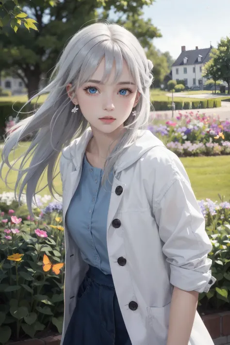 original, (masterpiece), (extremely fine and beautiful), perfect detailed, photorealistic, (beautiful and clear background:1.25), (depth of field:0.7), (1 cute girl stands in the garden:1.1), (cute:1.35), (detailed beautiful eyes:1.3), (beautiful face:1.3), casual, silver hair, silver ear, (blue hair:0.8), (blue ear:0.8), long hair, coat, short skirt, hair blowing with the wind, (blue eye:1.2), flowers, (***********:0.65), butterflys flying around