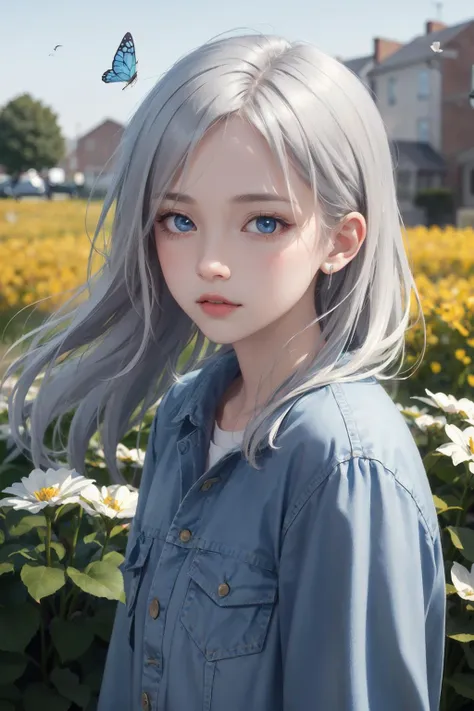 original, (masterpiece), (extremely fine and beautiful), perfect detailed, photorealistic, (beautiful and clear background:1.25), (depth of field:0.7), (1 cute girl stands in the garden:1.1), (cute:1.35), (detailed beautiful eyes:1.3), (beautiful face:1.3), casual, silver hair, silver ear, (blue hair:0.8), (blue ear:0.8), long hair, coat, short skirt, hair blowing with the wind, (blue eye:1.2), flowers, ( girl:0.65), butterflys flying around