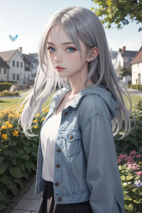 original, (masterpiece), (extremely fine and beautiful), perfect detailed, photorealistic, (beautiful and clear background:1.25), (depth of field:0.7), (1 cute girl stands in the garden:1.1), (cute:1.35), (detailed beautiful eyes:1.3), (beautiful face:1.3), casual, silver hair, silver ear, (blue hair:0.8), (blue ear:0.8), long hair, coat, short skirt, hair blowing with the wind, (blue eye:1.2), flowers, (little girl:0.65), butterflys flying around