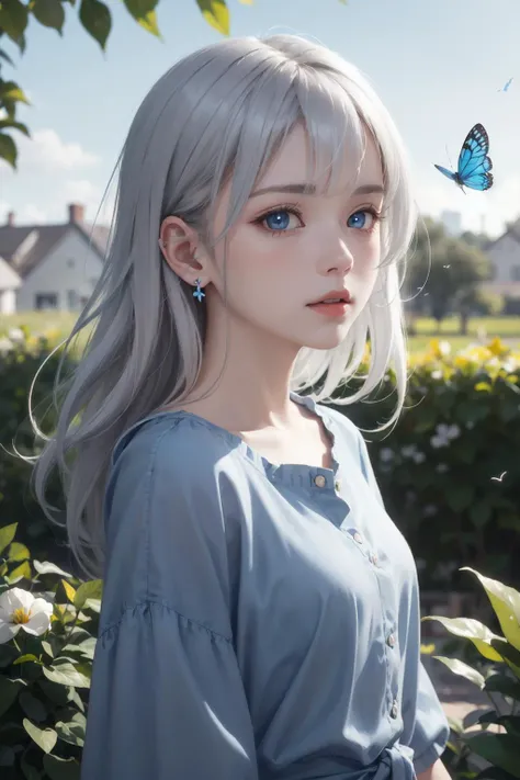original, (masterpiece), (extremely fine and beautiful), perfect detailed, photorealistic, (beautiful and clear background:1.25), (depth of field:0.7), (1 cute girl stands in the garden:1.1), (cute:1.35), (detailed beautiful eyes:1.3), (beautiful face:1.3), casual, silver hair, silver ear, (blue hair:0.8), (blue ear:0.8), long hair, coat, short skirt, hair blowing with the wind, (blue eye:1.2), flowers, ( girl:0.65), butterflys flying around