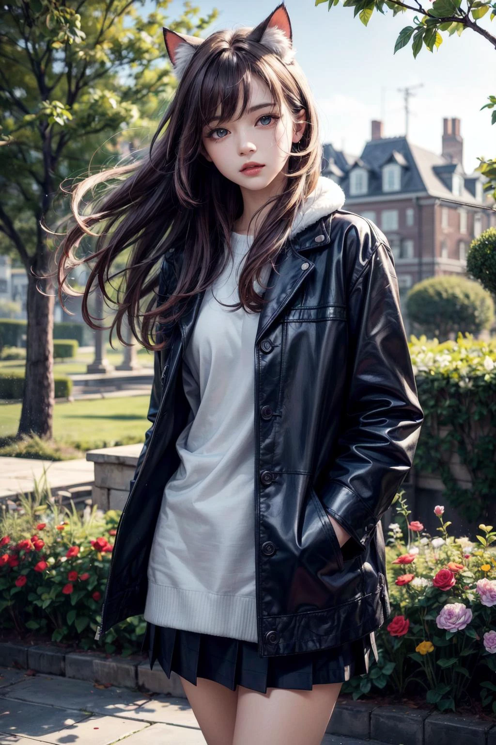 original, (masterpiece), (extremely fine and beautiful), perfect detailed, photorealistic, (beautiful and clear background:1.25), (depth of field:0.7), (1 cute girl stands in the garden:1.1), (cute:1.35), (detailed beautiful eyes:1.3), (beautiful face:1.3), casual, red hair, cat ear, (blue ear:0.8), long hair, coat, short skirt, hair blowing with the wind, (black eye:1.2), flowers, ( girl:0.65), many flowers <lora:add_detail:1>