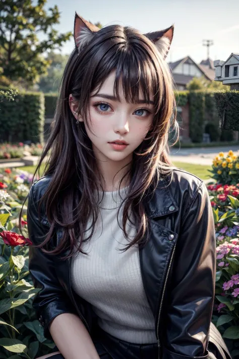 original, (masterpiece), (extremely fine and beautiful), perfect detailed, photorealistic, (beautiful and clear background:1.25), (depth of field:0.7), (1 cute girl stands in the garden:1.1), (cute:1.35), (detailed beautiful eyes:1.3), (beautiful face:1.3), casual, red hair, cat ear, (blue ear:0.8), long hair, coat, short skirt, hair blowing with the wind, (black eye:1.2), flowers, ( girl:0.65), many flowers <lora:add_detail:1>