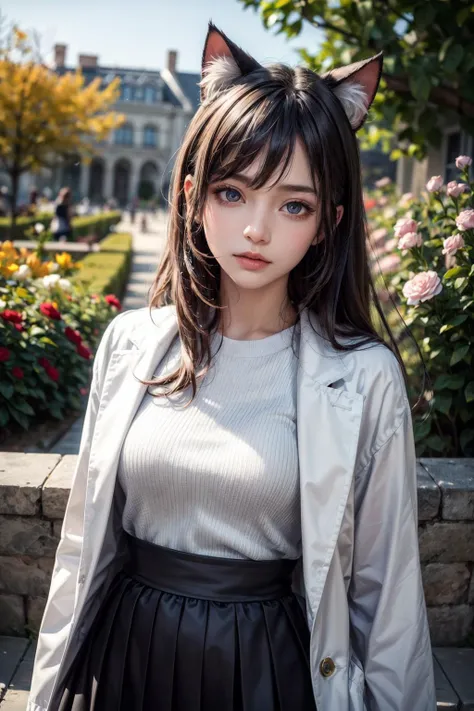 original, (masterpiece), (extremely fine and beautiful), perfect detailed, photorealistic, (beautiful and clear background:1.25), (depth of field:0.7), (1 cute girl stands in the garden:1.1), (cute:1.35), (detailed beautiful eyes:1.3), (beautiful face:1.3), casual, red hair, cat ear, (blue ear:0.8), long hair, coat, short skirt, hair blowing with the wind, (black eye:1.2), flowers, ( girl:0.65), many flowers <lora:add_detail:1>