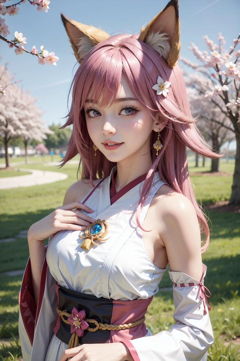 <lora:lora:Yoimiya:0.6>,yae_miko, smile,1girl, pink hair, purple eyes, long hair, fox ears, earrings, hair ornament, jewelry on the chest, yae miko's clothes, bare shoulders, detached sleeves, upper body, outdoors,sakura tree, sakura, sunshine