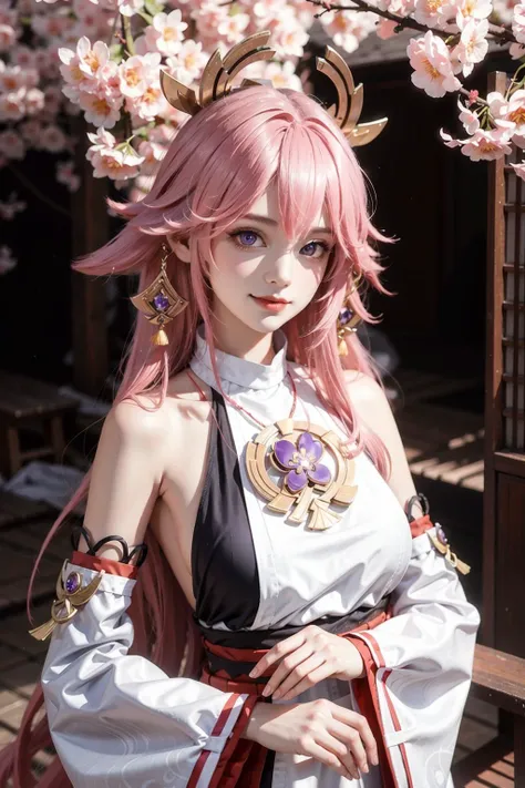 <lora:yae_miko:0.6>,yae_miko, smile,1girl, pink hair, purple eyes, long hair, fox ears, earrings, hair ornament, jewelry on the chest, yae miko's clothes, bare shoulders, detached sleeves, upper body, outdoors,sakura tree, sakura, sunshine