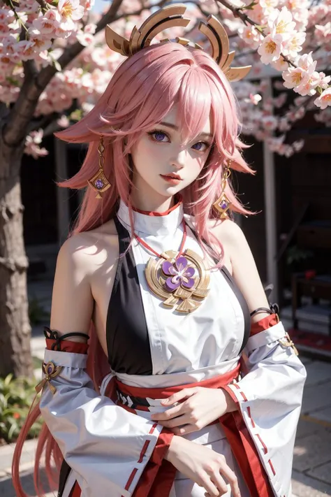 <lora:yae_miko:0.6>,yae_miko, 1girl, pink hair, purple eyes, long hair, fox ears, earrings, hair ornament, jewelry on the chest, yae miko's clothes, bare shoulders, detached sleeves, upper body, outdoors,sakura tree, sakura, sunshine
